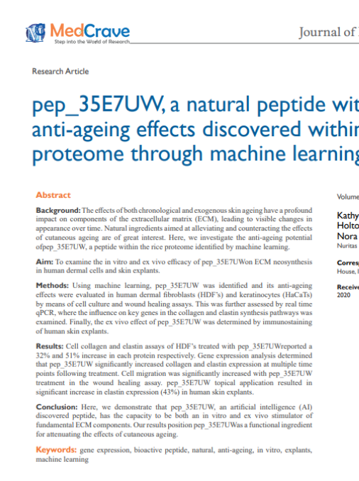 pep_35E7UW, a natural peptide with cutaneous anti-ageing effects discovered within the Oryza Sativa proteome through machine learning